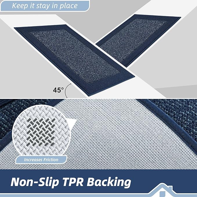 BEQHAUSE Kitchen Rugs and Mats Set of 2 Non-Slip Kitchen Mats for Floor, Absorbent and Stain Resistant Kitchen Runner, Machine Washable Rugs for Kitchen, Laundry & Sink, 24"x36"+24"x60", Blue