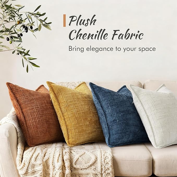 decorUhome Chenille Spring Throw Pillow Covers 20x20 Set of 2, Thick Textured Slubby Neutral Decorative Pillow Covers with Elegant Design for Couch, Sofa, Living Room, Navy Blue