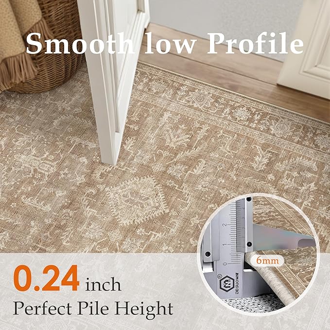 PureCozy 2x3 Brown Entryway Rug Vintage Area Carpet Indoor Kitchen Washable Door Mat Entrance Small Low Pile Traditional Distressed Retro Accent Throw Boho Rug Non Slip Office Bathroom
