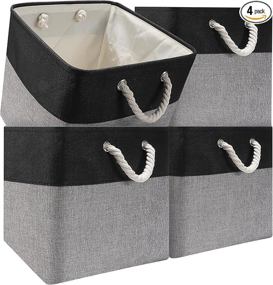 Collapsible Storage Bins, 4 Pack 13 x 13 Inch Fabric Cube Baskets with Cotton Rope Handles for Organizing Clothes, Toys, Books, Office, Closet – Foldable Storage Baskets for Home (Black Gray)