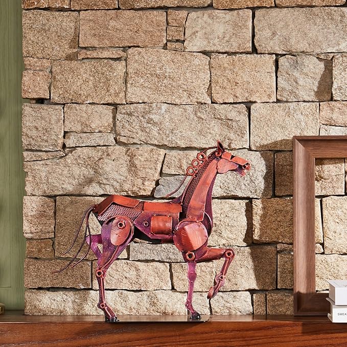 Metal Horse Statue - Rustic Handmade Western Decor - 100% Hand-Painted Horse Figurines Decor for Office Home - Vintage Brown