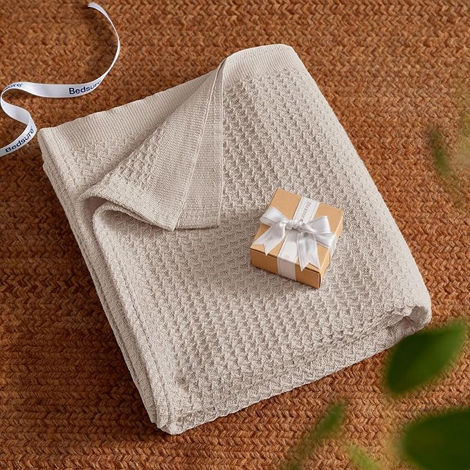 Bedsure Gentlesoft 100% Cotton Blanket Queen Size for Bed - Breathable and Soft for Spring Summer, Thick Cozy Waffle Weave Blanket Gifts for Women, Begie, 90x90 Inches