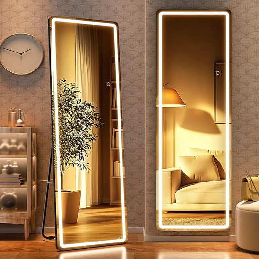 Full Length Mirror with Lights, 56" x 15.8" LED Lighted Floor Standing Body Mirror, Dimmable & 3 Color Lighting for Bedroom, Cloakroom, Dressing Room, Tempered Glass, Black
