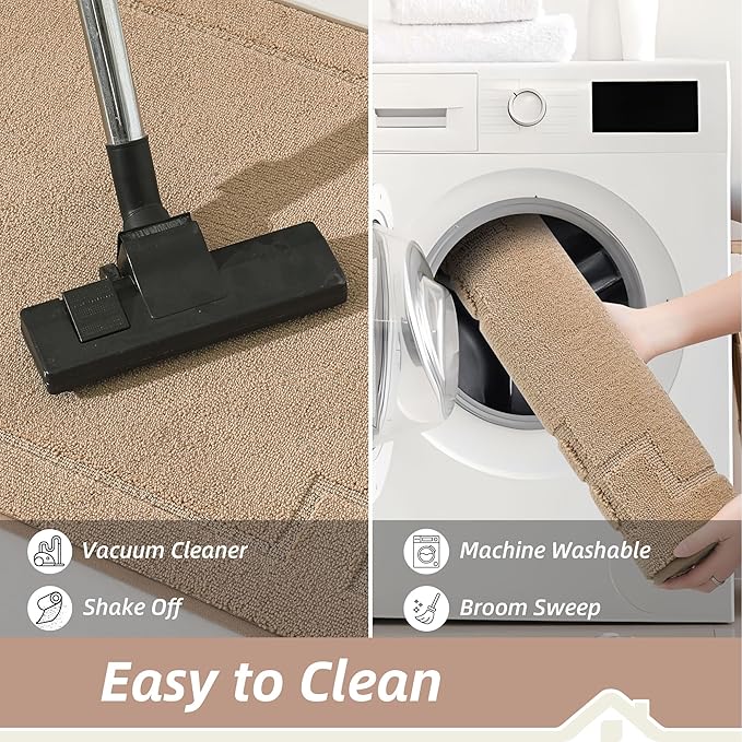 BEQHAUSE Kitchen Rugs Non-Slip Washable [2 PCS], Machine Washable Kitchen Mats Absorbent Soft Kitchen Runner Rugs for Floor,Sink,Hallway,Laundry,20”x32”+20”x48”, Beige