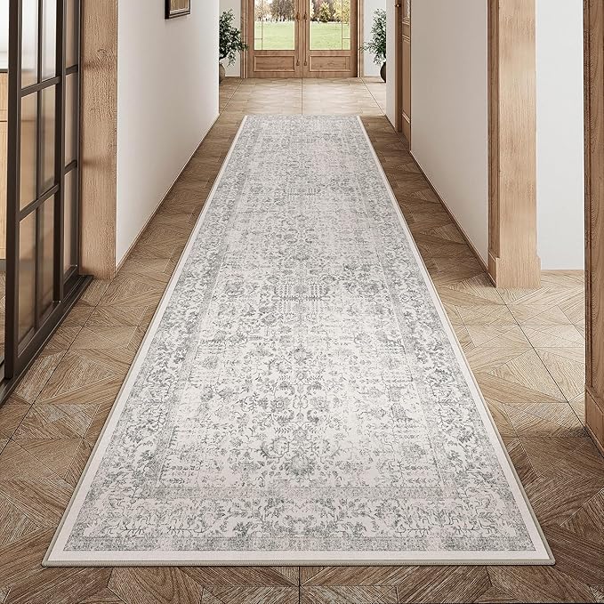 PureCozy Gray Runner Rug 3x14 Hallway Machine Washable Kitchen Vintage Distressed Non Slip Long Carpet Indoor Grey Retro Floral Bedroom Accent Throw Rug for Bathroom Office Laundry Dining Living Room