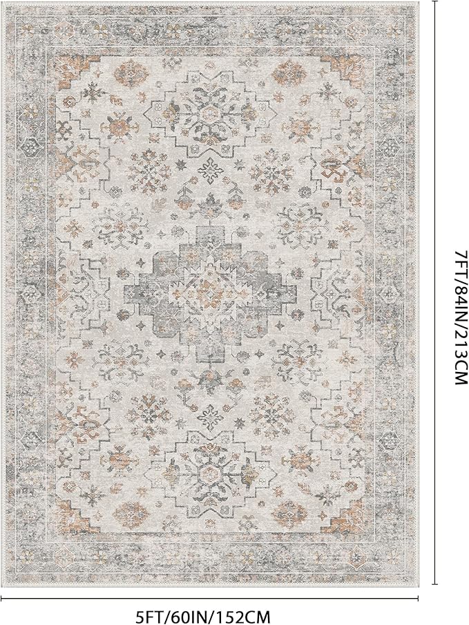 GENIMO 5x7 Area Rugs for Living Room,Machine Washable Non-Slip Vintage Rug, Low Pile Lightweight Carpet for Bedroom, Dining Room, Home Office, Stain & Fade Resistant,Grey