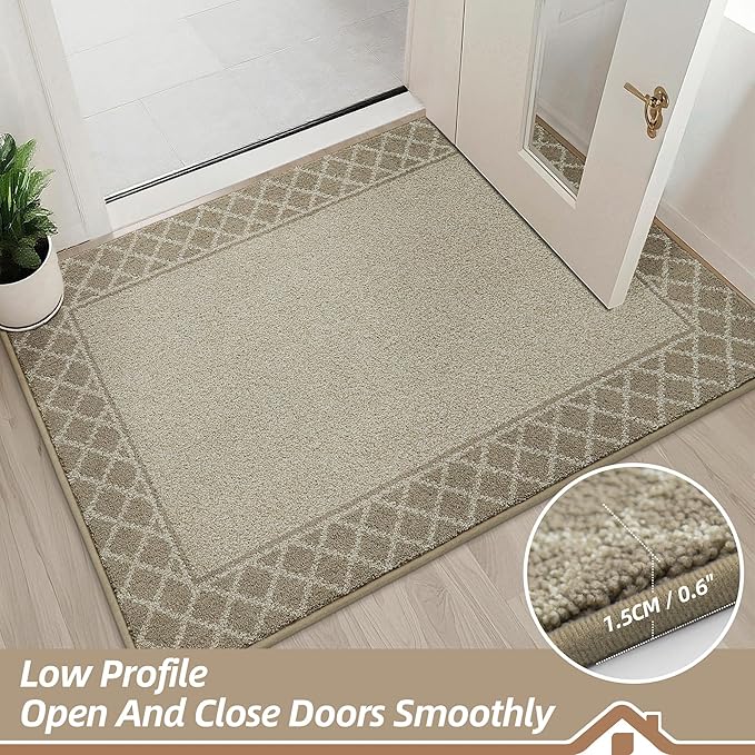 BEQHAUSE Door Mat Dirt Trapper Non Slip Entryway Rugs Absorbent Welcome Mat Low Profile Washable Front Door Mat for Muddy Paws,Entrance,Hallway, 20" x 32", Beige