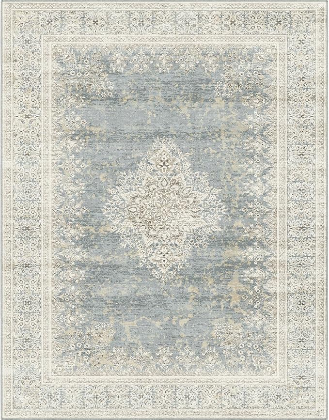 Fortsea Area Rug 7x9, Washable Gray Vintage Rug, Traditional Floor Cover Thin Rug, Retro Indoor Distressed Non Slip Carpet, Floral Print Mat Living Room Bedroom (Grey/Light Camel, 7X9)