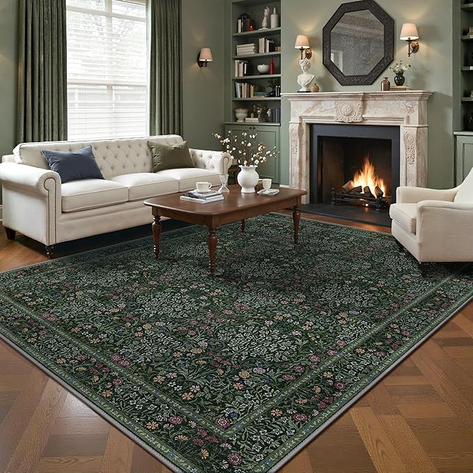 GENIMO 8x10 Area Rug for Living Room, Washable Vintage Floral Low Pile Non-Slip Large Carpet for Bedroom Dining Room, Stain Resistant Botanical Indoor Rug (Dark Green)