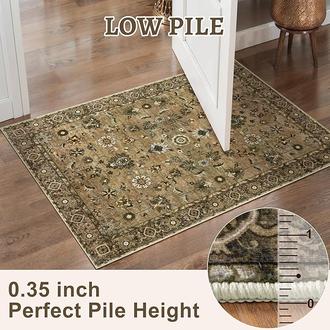 Tangsoo Brown Hallway Runner Rugs 2.6x12 Washable Runner Rug for Hallways, Non Slip Floral Vintage Soft Low Pile 12ft Long Rug Runner, Indoor Carpet Runners for Living Room Kitchen Bedroom Entryway