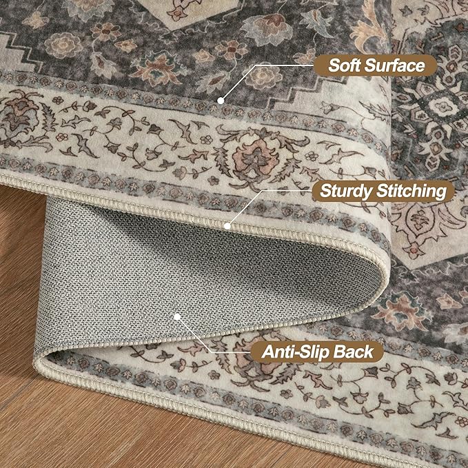 Tangsoo 3x5 Area Rug Vintage Washable Rugs Non Slip, Farmhouse Rugs Indoor Accent Rug Print Distressed Grey Carpet, Soft Low Pile Rug for Living Room Bedside Entryway Bedroom