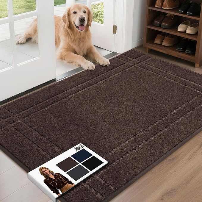 JSEI Entryway Rugs Doormat 32"x48", Non-Slip Dirt Trapper Door Mats Indoor, Washable Absorbent and Stain Resist Welcome Floor Mat for Front Door, Dog Door Mat, Muddy Wet Shoes & Paws, Brown