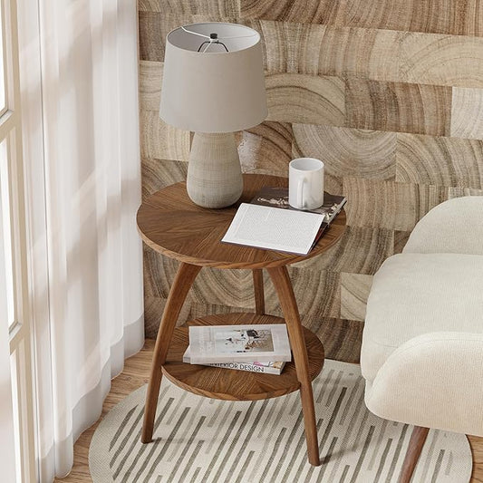 COZAYH Wood Round End Table with Storage Shelf, Walnut Finish Mid-Century Modern Accent Side Table with Curved Legs for Living Room, Easy Assembly, Stylish, Natural, Brown