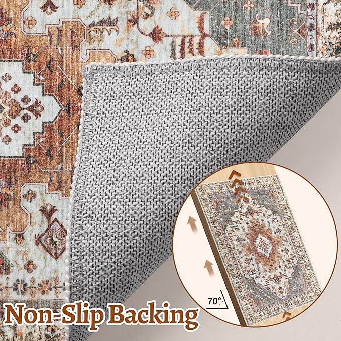 Tangsoo 2x6 Washable Runner Rug for Hallways, Non Slip Vintage Rugs, Soft Low Pile Long Rug, Print Distressed Turmeric Carpet Runners for Kitchen Bedroom Entryway Bathroom Living Room