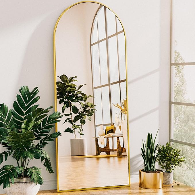 Antok Full Length Mirror, 64"x21" Floor Mirror, Arched Floor Standing Freestanding Arch Full Body Mirrors with Stand for Bedroom, Hanging Mounted for Living Room Cloakroom,Gold