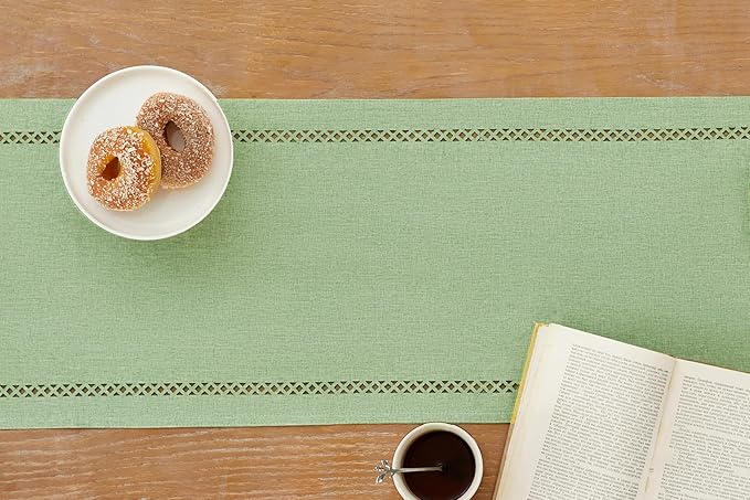 Burlap Style Farmhouse Table Runner, 13 x 90 Inch Avocado Green, Rustic Geometric Hollow Table Runners 90 Inches Long for Dresser Table Everyday Use, 13x90 Inches, Avocado Green