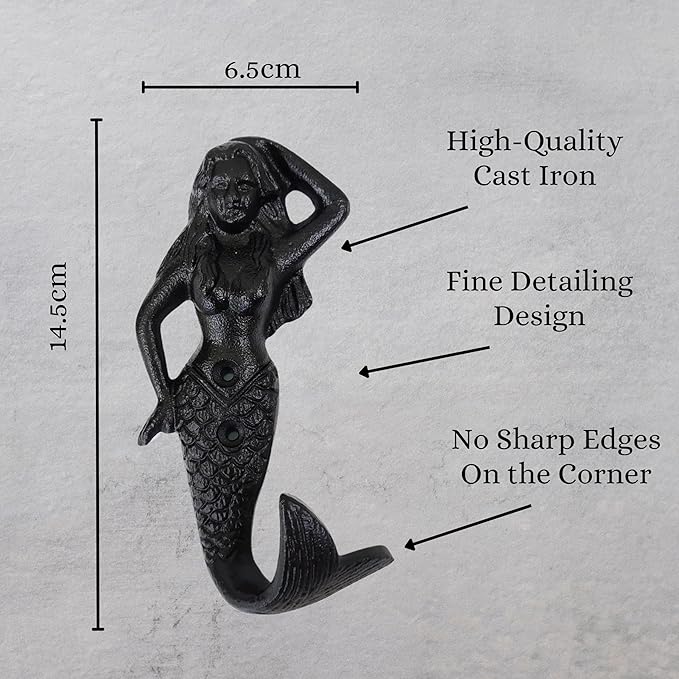 Set of 2 Cast Iron Mermaid Coat Hooks Wall Art Decor-Mermaid Hangers and Key Holder-Clothes Rack and Backpack Hanger-Coat Hooks Home Decor for Storage, Living Room, Hallway, Office (Black)