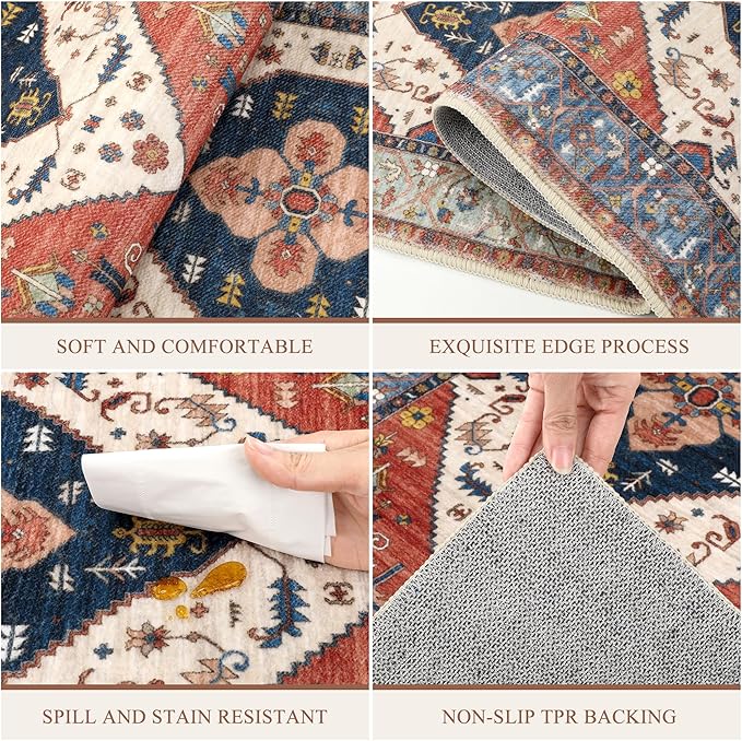 Pauwer Kitchen Rugs Sets of 3 Non Slip Washable Kitchen Mats for Floor Farmhouse Kitchen Floor Mat Runner Rug Boho Kitchen Sink Rug Carpet for Kitchen Hallway Laundry Room, Rust