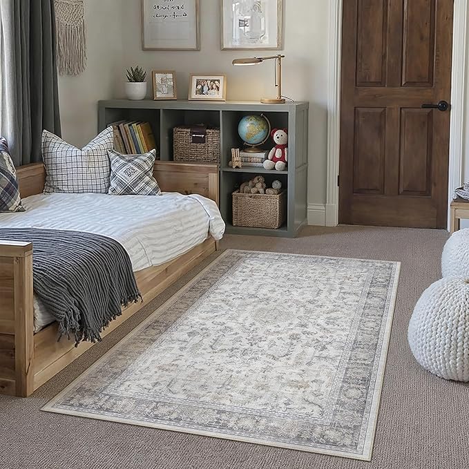 PureCozy 3x5 Grey Entryway Rug Vintage Area Carpet Indoor Office Washable Door Mat Entrance Small Low Pile Traditional Distressed Retro Accent Throw Boho Rug Non Slip Kitchen Bathroom