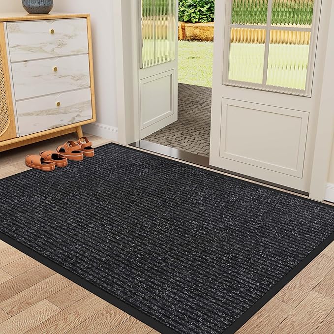 Indoor Outdoor Door Mat, 6' x 2' Doormat for Entryway, Rubber Backing Non Slip Front Door Mat Outside Entrance, Super Absorbent Commercial Floor Mat for Home Office, Black