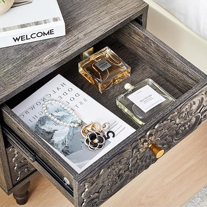 Nightstand, Farmhouse Bedside Table with 2 Drawers and Metal Handles, Wood Sofa Side Table End Table Accent Dresser for Bedroom, Living Room (Black Brown) (15.75 x 16.02 x 18.15 Inch)