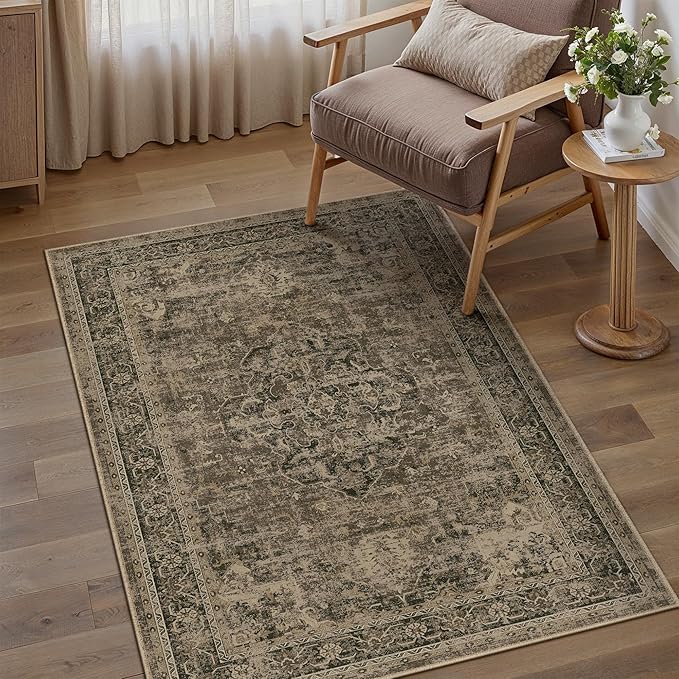 PureCozy Entryway Area Rug 3x5 Washable Brown Vintage Distressed Carpet Oriental Soft Thin Indoor Rug for Office Non Slip Low Pile Throw Rug for Kitchen Bathroom Bedroom Dining Living Room