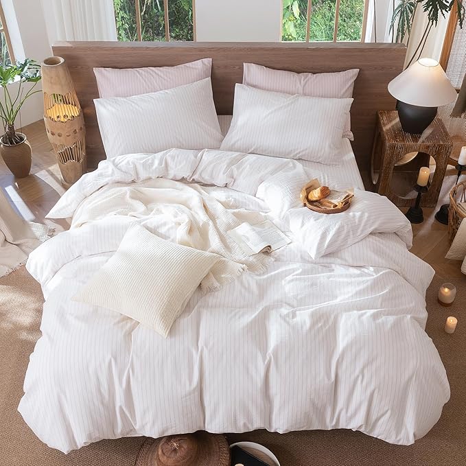 MooMee Striped Duvet Cover Set 100% Washed Cotton Linen Like Textured Breathable Durable Soft Comfy (White Heathered Greyish Pink Wide Stripes, Full 80"x90")