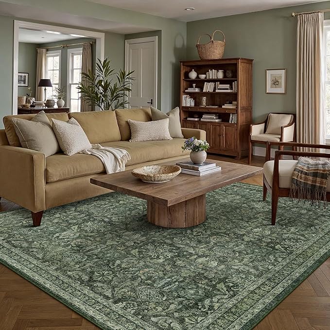 PureCozy Dark Green 5x7 Area Rug Washable Vintage Living Room Bedroom Carpet Indoor Non Slip Soft Low Pile Thin Rug Retro Accent Throw Office Dining Room