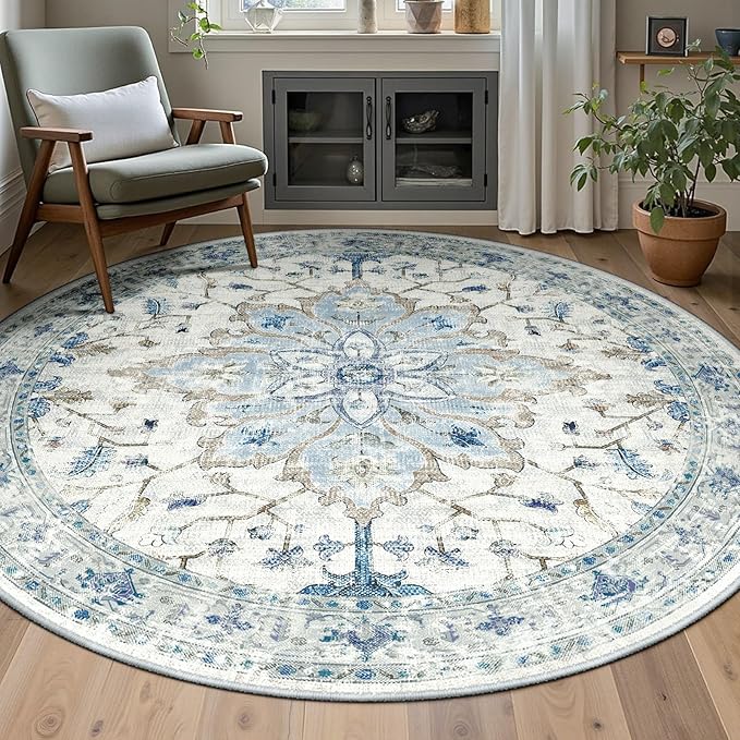 RELEANY Area Rugs 6ft Washable Non-Slip, Floral Vintage Distress Print Pattern Medallion Carpet for Living Room Bedroom Dining Room, Light Blue Navy Beige Gray White