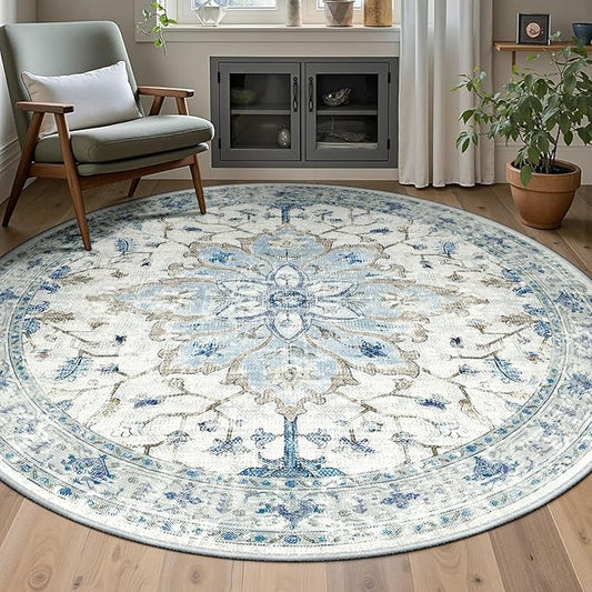 RELEANY Area Rugs 6ft Washable Non-Slip, Floral Vintage Distress Print Pattern Medallion Carpet for Living Room Bedroom Dining Room, Light Blue Navy Beige Gray White