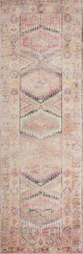 Loloi Layla Collection LAY-17 Pink/Lagoon 2'-3" x 3'-9" .13" Thick Accent Rug, Soft, Durable, Vintage Inspired, Distressed, Low Pile, Non-Shedding, Easy Clean, Printed, Living Room Rug