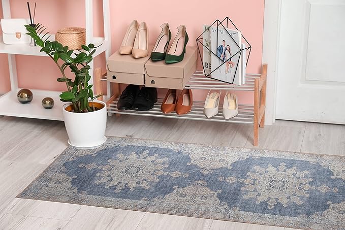 RugOver Machine Washable Area Rug, Pet-Friendly and Non-Slip Indoor Carpet for Kitchen, Bathroom, Living Room, Home Floor Decoration(Blue Jean/Peanut, 2'6" x 6'6")