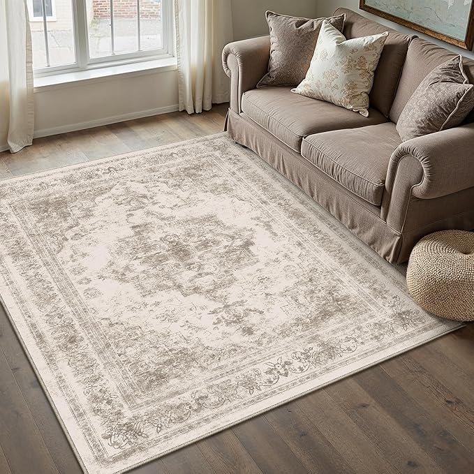 PureCozy Area Rug 3x5 Washable Taupe Rug Vintage Boho Medallion Entryway Door Mat Entrance Distressed Retro Carpet Non Slip Low Pile Small Soft for Office Kitchen Bedroom Laundry Bathroom Hallway