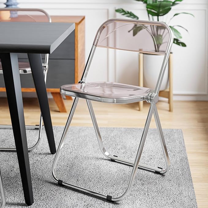 LeisureMod Lawrence Modern Clear Acrylic Folding Chair with Metal Frame, Space-Saving Transparent Seating for Dining Room, Home Office, Bedroom, Vanity or Small Spaces, (Rose Pink, Singles)