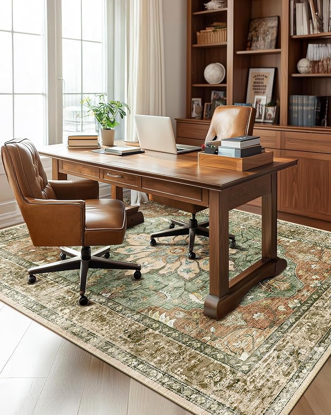 RELEANY Area Rugs 6'x8' Washable Non-Slip, Floral Vintage Distress Print Pattern Medallion Carpet for Living Room Bedroom Dining Room, Brick Red Rust Neutral Brown Burnt Orange Green