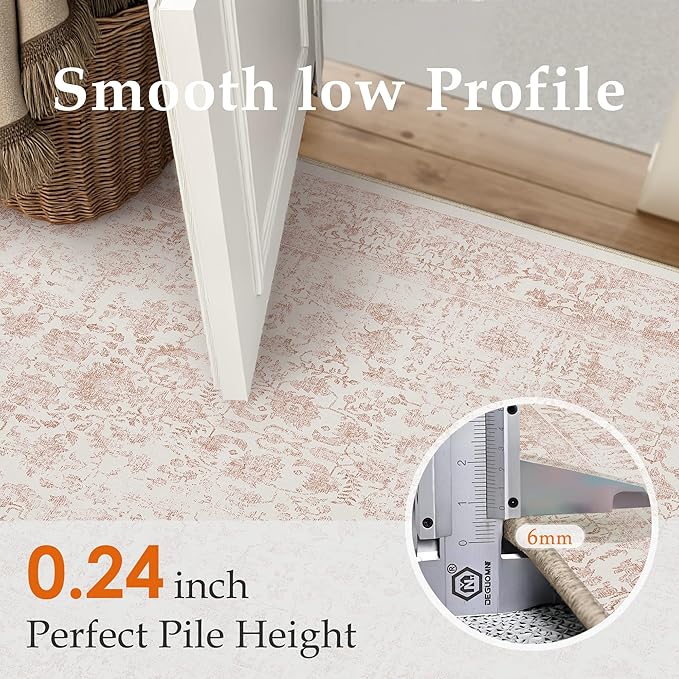 PureCozy Pink Area Rug 5x8 Machine Washable Vintage Living Room Distressed Non Slip Carpet Traditional Indoor Bedroom Retro Floral Accent Throw Large Rug Office Kitchen Bathroom Dining Room