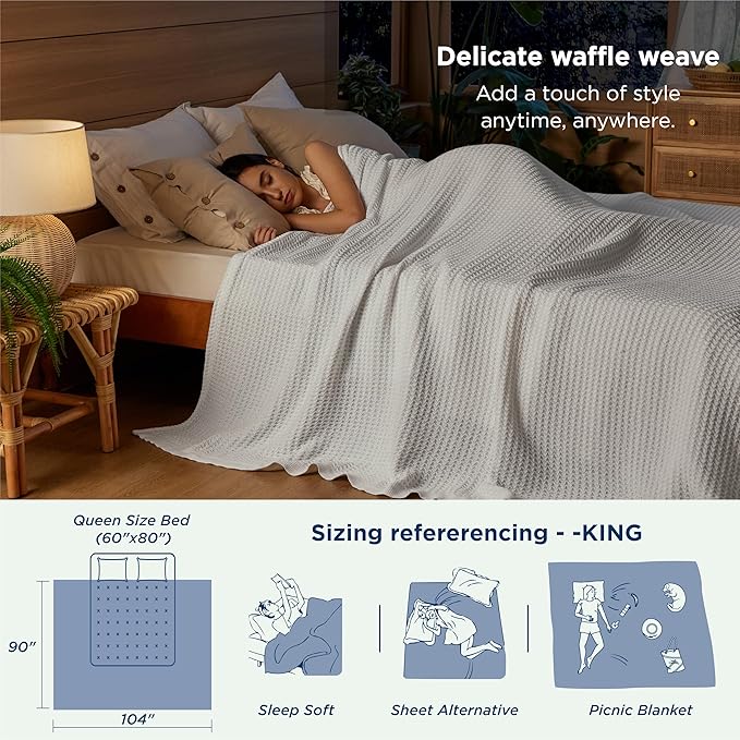 Bedsure Gentlesoft 100% Cotton Blanket King Size for Bed - Breathable and Soft for Spring Summer, Thick Cozy Waffle Weave Blanket Gifts for Women, White, 104x90 inches