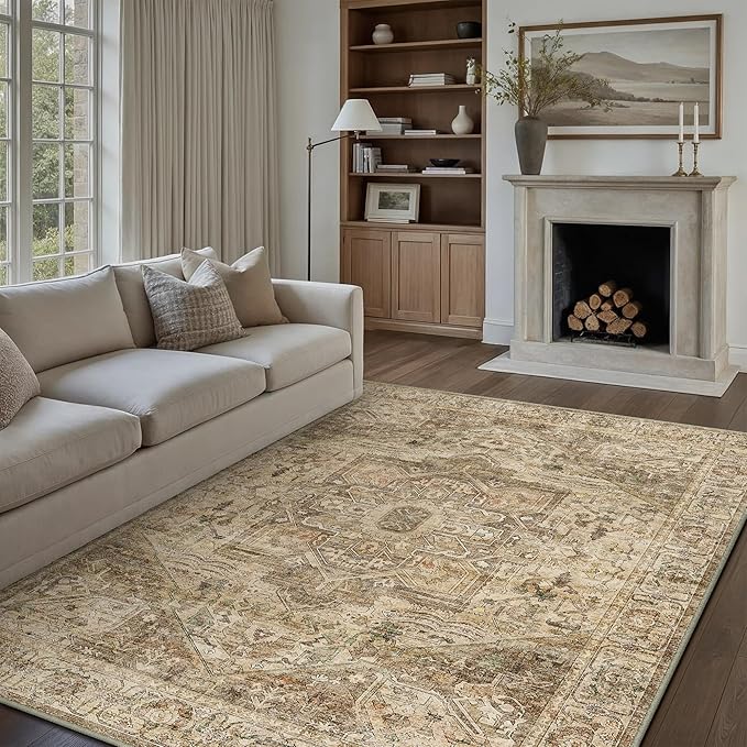 PureCozy Brown Multi Area Rug 6x9 Vintage Washable Distressed Living Room Carpet Large Indoor Non Slip Traditional Medallion Retro Low Pile Accent Throw Rug Bedroom Kitchen Office Dining Room
