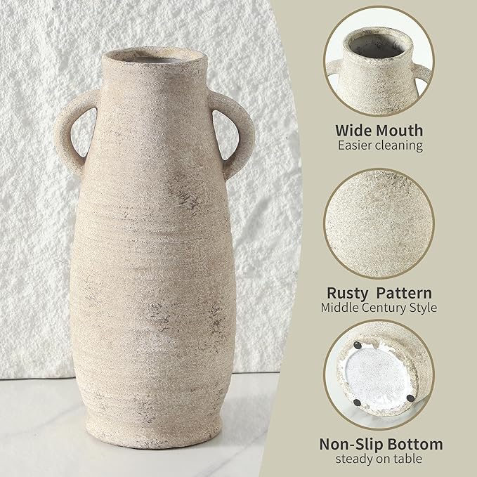 Ceramic Rustic Farmhouse Vase, Distressed Decorative Flower Vase for Home Decor, Ideal Shelf Decor, White Boho Vase for Living Room Bedroom Kitchen Office Decor Centerpiece Table Decorations