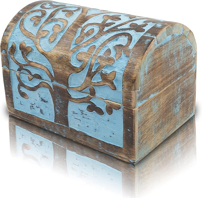Great Birthday Gift Ideas Handmade Decorative Wooden Jewelry Box With Tree of Life Carvings Jewelry Organizer Keepsake Box Treasure Chest Trinket Holder Watch Box Storage Lock Box (Blue Wash Finish)