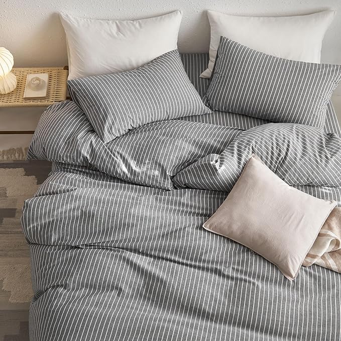 MooMee Striped Duvet Cover Set 100% Washed Cotton Linen Like Textured Breathable Durable Soft Comfy (Dark Grey White Wide Stripes, Full 80"x90")