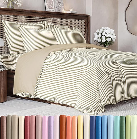 Duvet Cover Full Size Set - Extra Soft Full Size Duvet Cover 80 x 90 with 2 Pillow Shams - Hotel Luxury Easy Care and Fade Free w/Zipper Closures & Ties - Comfy Breathable Bedding Set (Beige Stripes)