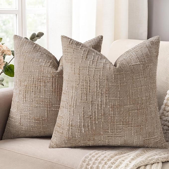 decorUhome Spring Oatmeal Chenille Throw Pillow Covers 20x20 Set of 2 Textured Slubby Couch Pillow Covers Farmhouse Accent Modern Neutral Decorative Pillow Cases for Bed Sofa Living Room