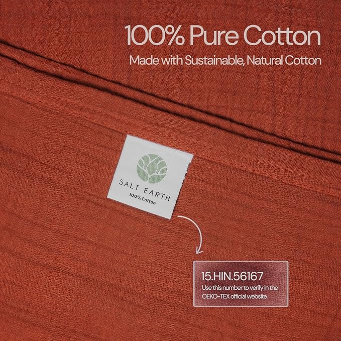 Salt Earth 100% Cotton Muslin Throw Blanket, 80"X90" Queen 4 Layered Gauze Blanket Throw for Couch, Bed, Living Room, Home, Light Christmas Blankets and Throws for Christmas Gifts (Picante)
