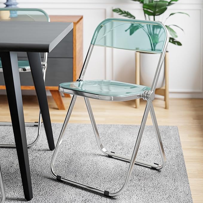 LeisureMod Lawrence Modern Clear Acrylic Folding Chair with Metal Frame, Space-Saving Transparent Seating for Dining Room, Home Office, Bedroom, Vanity or Small Spaces, (Jade Green, Singles)