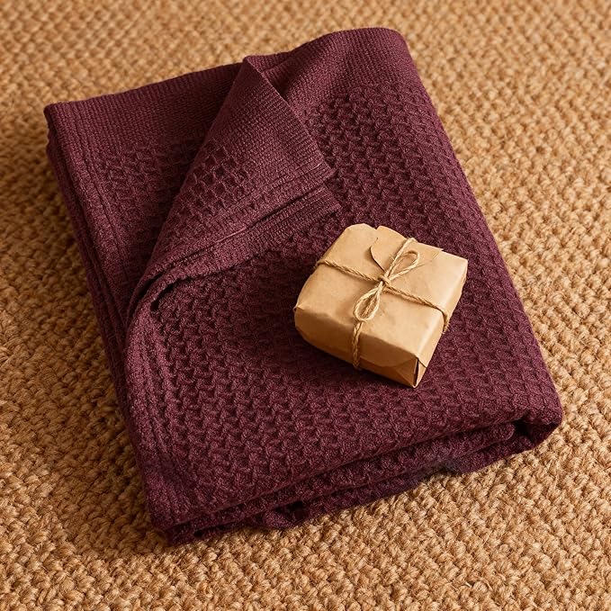 Bedsure Gentlesoft 100% Cotton Blanket Queen Size for Bed - Breathable and Soft for Spring Summer, Thick Cozy Waffle Weave Blanket Gifts for Women, Burgundy, 90x90 Inches