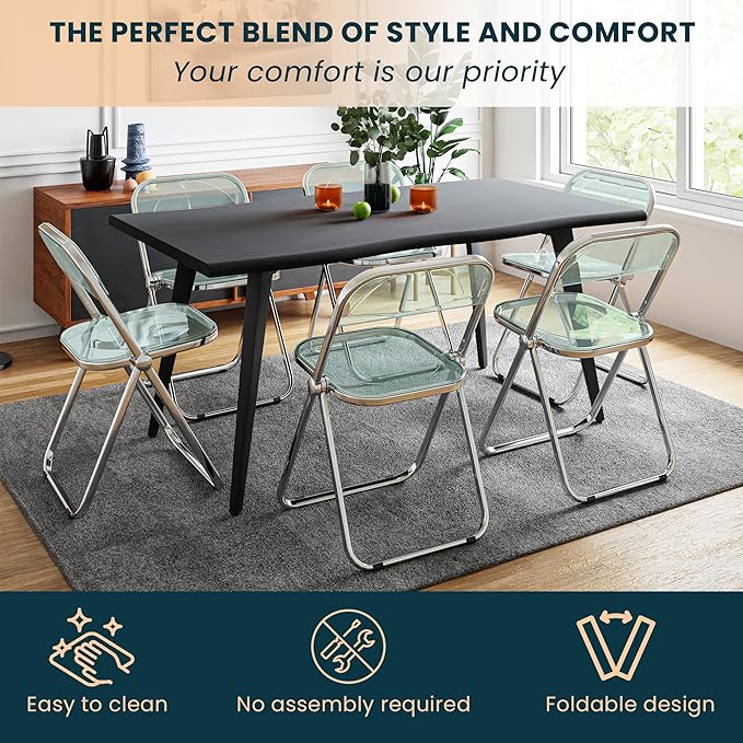 LeisureMod Lawrence Modern Clear Acrylic Folding Chair with Metal Frame, Space-Saving Transparent Seating for Dining Room, Home Office, Bedroom, Vanity or Small Spaces, (Jade Green, Singles)