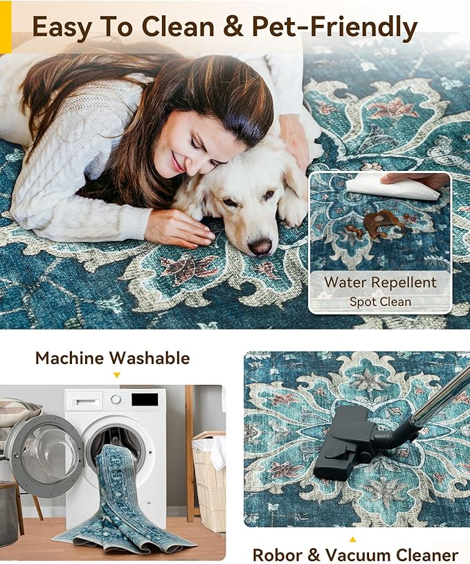 RELEANY Area Rugs 2'6''x10' Washable Non-Slip, Floral Vintage Distress Print Pattern Medallion Carpet for Living Room Bedroom Dining Room, Teal Green Lake Blue Turquoise