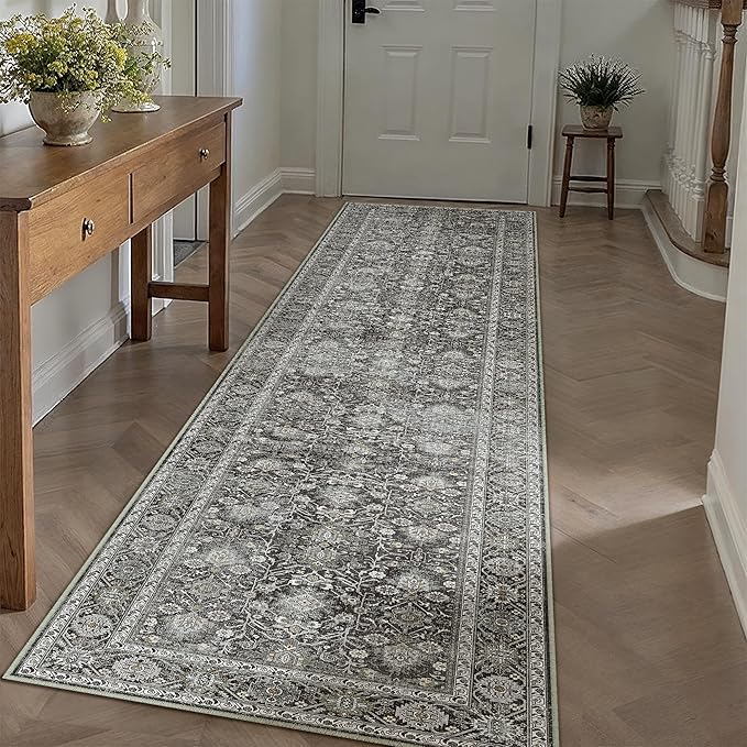 PureCozy Black Runner Rug 2'6"x12' Vintage Area Carpet Hallway Long Indoor Kitchen Washable Living Room Low Pile Traditional Distressed Retro Accent Rug Non Slip Laundry Bathroom Office Dining Room