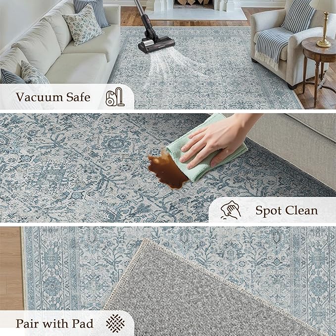 PureCozy Area Rug 5x7 Blue Washable Living Room Carpet Soft Non Slip Vintage Bedroom Indoor Office Traditional Retro Distressed Thicker Throw Large Rug for Dining Room Bathroom Kitchen